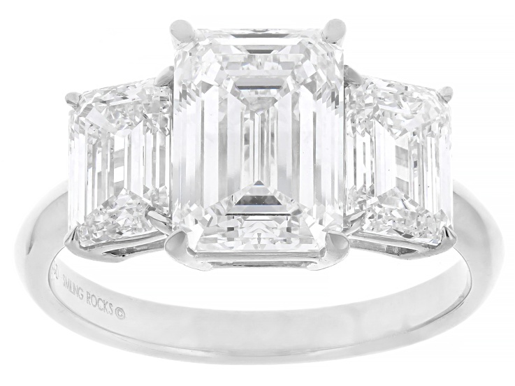Certified Emerald Cut White Lab-Grown Diamond F VS2 14K White Gold 3-Stone Ring 5.15ctw