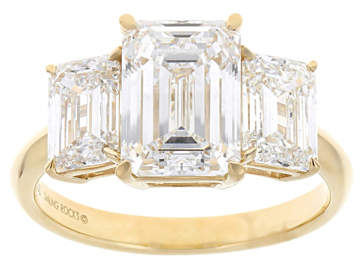 Certified Emerald Cut White Lab-Grown Diamond F VS2 14K Yellow Gold 3-Stone Ring 5.15ctw