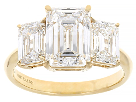 Certified Emerald Cut White Lab-Grown Diamond E VS2 14K Yellow Gold 3-Stone Ring 5.15ctw