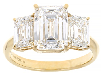 Picture of Certified Emerald Cut White Lab-Grown Diamond E VS2 14K Yellow Gold 3-Stone Ring 5.15ctw