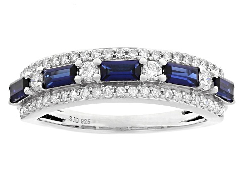 Lab Created Sapphire and White Lab-Grown Diamond H SI Rhodium Over Sterling Silver Band Ring 1.05ctw