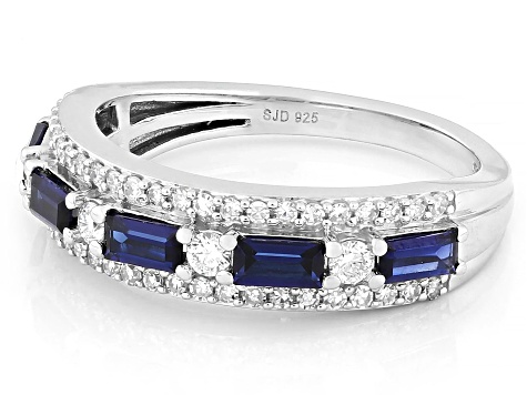 Lab Created Sapphire and White Lab-Grown Diamond H SI Rhodium Over Sterling Silver Band Ring 1.05ctw