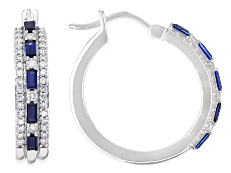 Lab Created Sapphire and White Lab-Grown Diamond H SI Rhodium Over Silver Hoop Earrings 1.05ctw