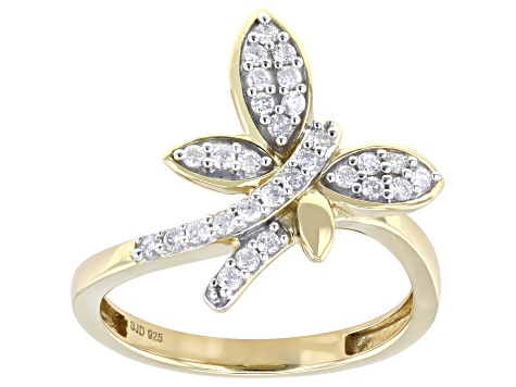 White Lab-Grown Diamond H SI 14K Yellow Gold Over Sterling Silver Butterfly Ring 0.30ctw