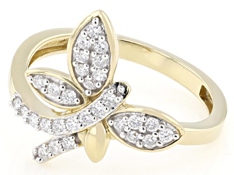 White Lab-Grown Diamond H SI 14K Yellow Gold Over Sterling Silver Butterfly Ring 0.30ctw