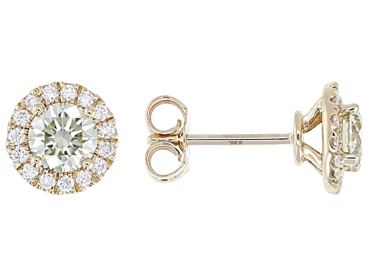 Certified Round Green and White Lab-Grown Diamond 10K Yellow Gold Halo Earrings 1.25ctw