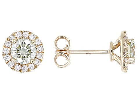 Certified Round Green and White Lab-Grown Diamond 10K Yellow Gold Halo Earrings 1.25ctw