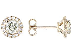 Certified Round Green and White Lab-Grown Diamond 10K Yellow Gold Halo Earrings 1.25ctw