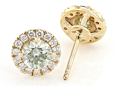 Certified Round Green and White Lab-Grown Diamond 10K Yellow Gold Halo Earrings 1.25ctw