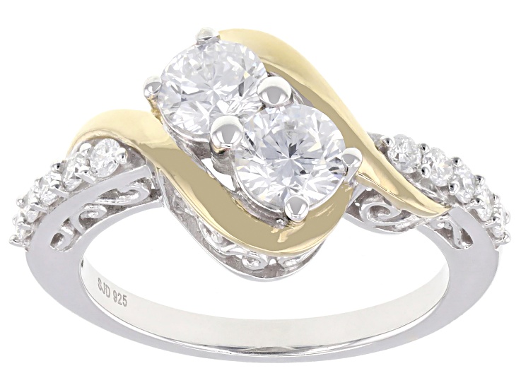 White Lab-Grown Diamond H SI Rhodium and 14K Yellow Gold Over Sterling Silver 2-Stone Ring 1.25ctw