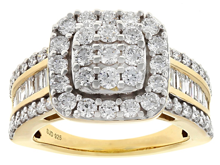 Round and Baguette White Lab-Grown Diamond H SI 14K Yellow Gold Over Sterling Silver Ring 2.00ctw