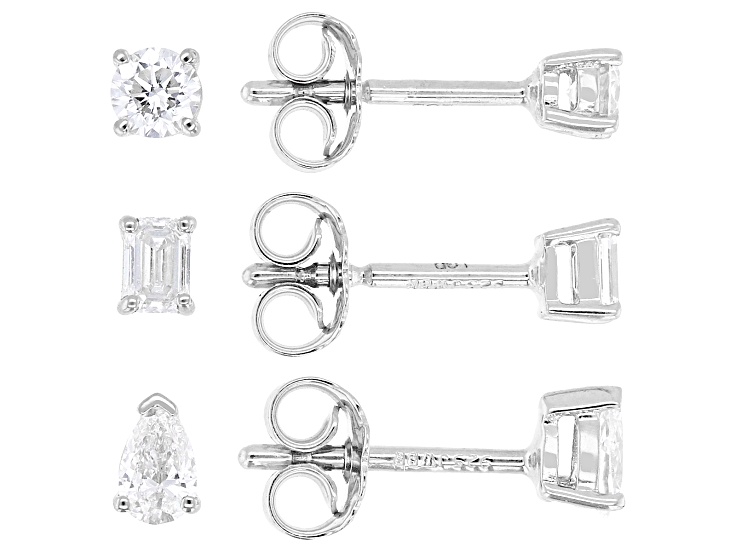 Round, Pear and Emerald Cut White Lab-Grown Diamond H SI Rhodium Over Silver Earring Set of 3