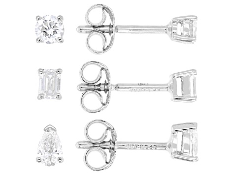 Round, Pear and Emerald Cut White Lab-Grown Diamond H SI Rhodium Over Silver Earring Set of 3