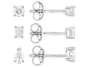 Round, Pear and Emerald Cut White Lab-Grown Diamond H SI Rhodium Over Silver Earring Set of 3