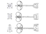 Round, Pear and Emerald Cut White Lab-Grown Diamond H SI Rhodium Over Silver Earring Set of 3