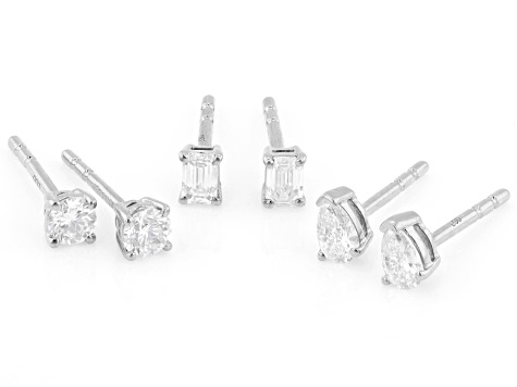Round, Pear and Emerald Cut White Lab-Grown Diamond H SI Rhodium Over Silver Earring Set of 3