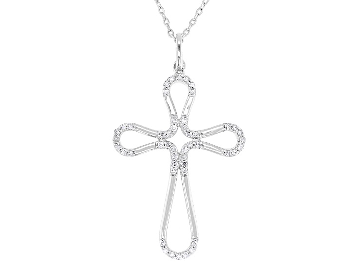 Round White Lab-Grown Diamond H SI Rhodium Over Silver Cross Pendant With Cable Chain 0.25ctw