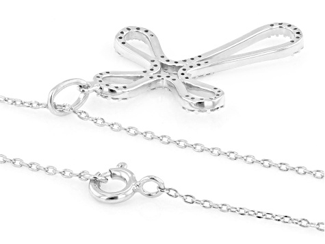 Round White Lab-Grown Diamond H SI Rhodium Over Silver Cross Pendant With Cable Chain 0.25ctw