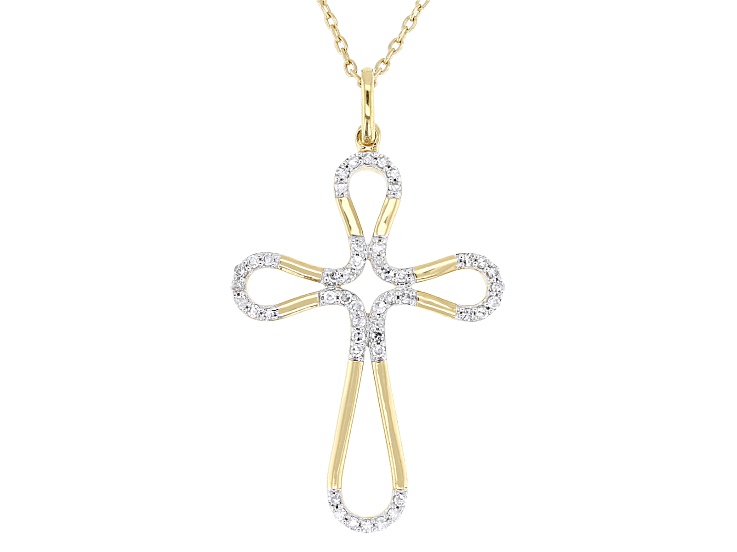 Round Lab-Grown Diamond H SI 14K Yellow Gold Over Silver Cross Pendant With Cable Chain 0.25ctw