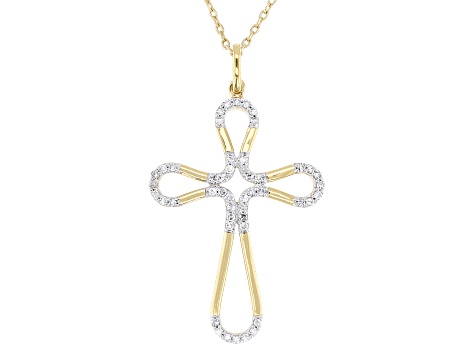 Round Lab-Grown Diamond H SI 14K Yellow Gold Over Silver Cross Pendant With Cable Chain 0.25ctw