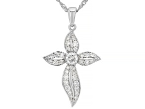 White Round Lab-Grown Diamond H SI Rhodium Over Silver Cross Pendant With Singapore Chain 0.75ctw