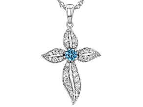 Blue And White Round Lab-Grown Diamond Rhodium Over Silver Cross Pendant With Singapore Chain .75ctw