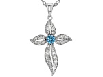 Blue And White Round Lab-Grown Diamond Rhodium Over Silver Cross Pendant With Singapore Chain .75ctw