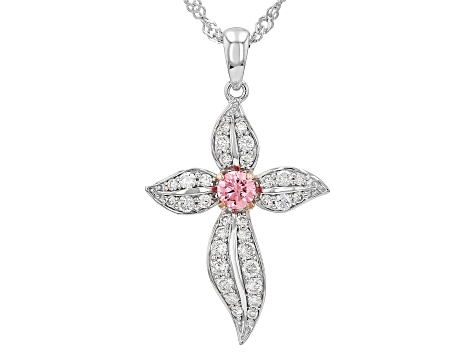 Pink And White Round Lab-Grown Diamond Rhodium Over Silver Cross Pendant With Singapore Chain .75ctw
