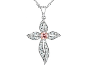 Pink And White Round Lab-Grown Diamond Rhodium Over Silver Cross Pendant With Singapore Chain .75ctw