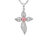 Pink And White Round Lab-Grown Diamond Rhodium Over Silver Cross Pendant With Singapore Chain .75ctw