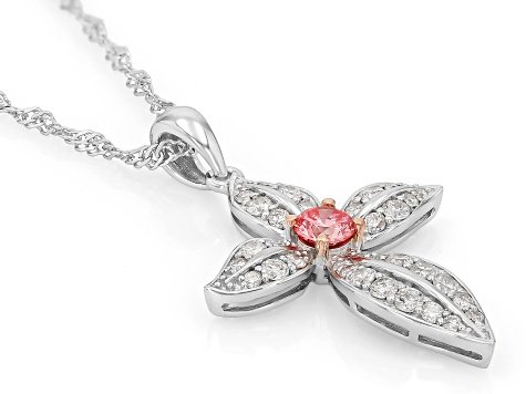 Pink And White Round Lab-Grown Diamond Rhodium Over Silver Cross