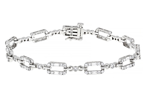Round and Baguette White Lab-Grown Diamond H SI Rhodium Over Sterling Silver Tennis Bracelet 2.00ctw