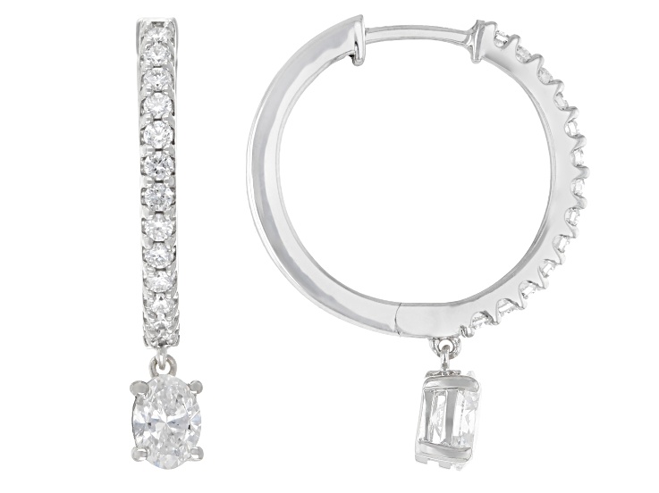 Oval and Round White Lab-Grown Diamond H SI Rhodium Over Silver Huggie Earrings 1.00ctw