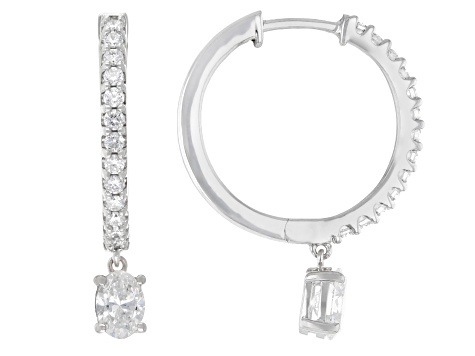 Oval and Round White Lab-Grown Diamond H SI Rhodium Over Silver Huggie Earrings 1.00ctw