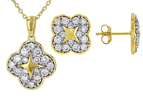 White Lab-Grown Diamond G-H VS 14K Yellow Gold Over Silver Clover Earrings, Pendant W/Chain 2.00ctw