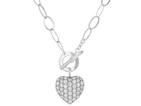 Round White Lab-Grown Diamond G-H SI Rhodium Over Sterling Silver Heart Necklace 1.10ctw