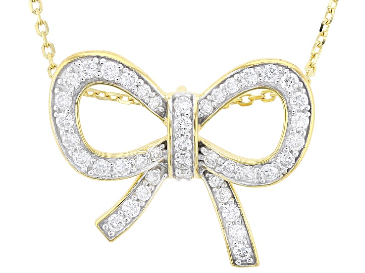 Round White Lab-Grown Diamond G-H SI 18K Yellow Gold Over Silver Bow Pendant With Chain 0.55ctw