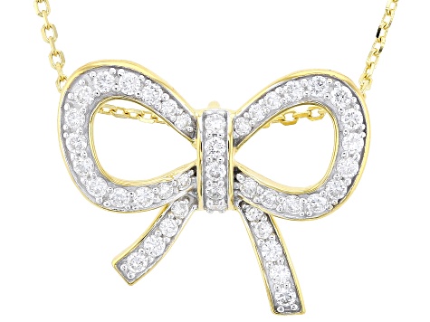 Round White Lab-Grown Diamond G-H SI 18K Yellow Gold Over Silver Bow Pendant With Chain 0.55ctw