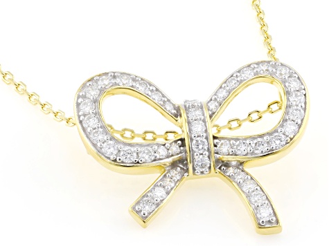 Round White Lab-Grown Diamond G-H SI 18K Yellow Gold Over Silver Bow Pendant With Chain 0.55ctw