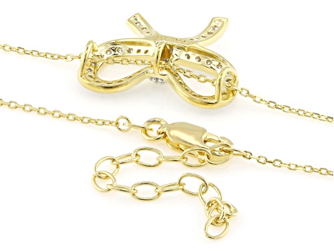 Round White Lab-Grown Diamond G-H SI 18K Yellow Gold Over Silver Bow Pendant With Chain 0.55ctw