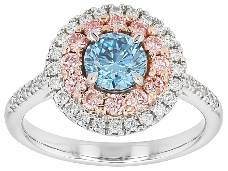 Blue, Pink and White Lab-Grown Diamond 10K White Gold Halo Ring 1.40ctw