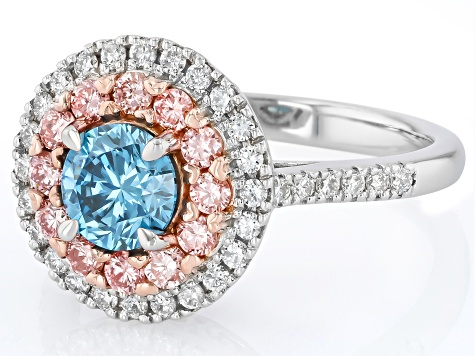 Blue, Pink and White Lab-Grown Diamond 10K White Gold Halo Ring 1.40ctw