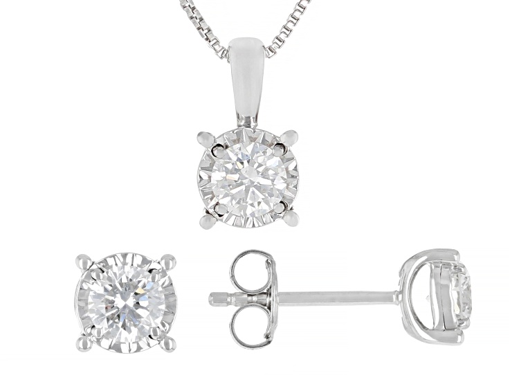 Round Lab-Grown Diamond H SI Sterling Silver Solitaire Stud Earring and Pendant W/Chain Set 1.00ctw