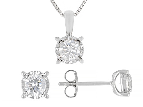 Round Lab-Grown Diamond H SI Sterling Silver Solitaire Stud Earring and Pendant W/Chain Set 1.00ctw