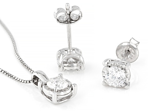 Round Lab-Grown Diamond H SI Sterling Silver Solitaire Stud Earring and Pendant W/Chain Set 1.00ctw