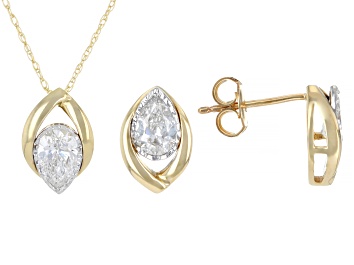 Picture of Pear Lab-Grown Diamond H SI 10K Yellow Gold Solitaire Stud Earring and Pendant W/Chain Set 1.00ctw