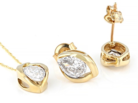 Pear Lab-Grown Diamond H SI 10K Yellow Gold Solitaire Stud Earring and Pendant W/Chain Set 1.00ctw