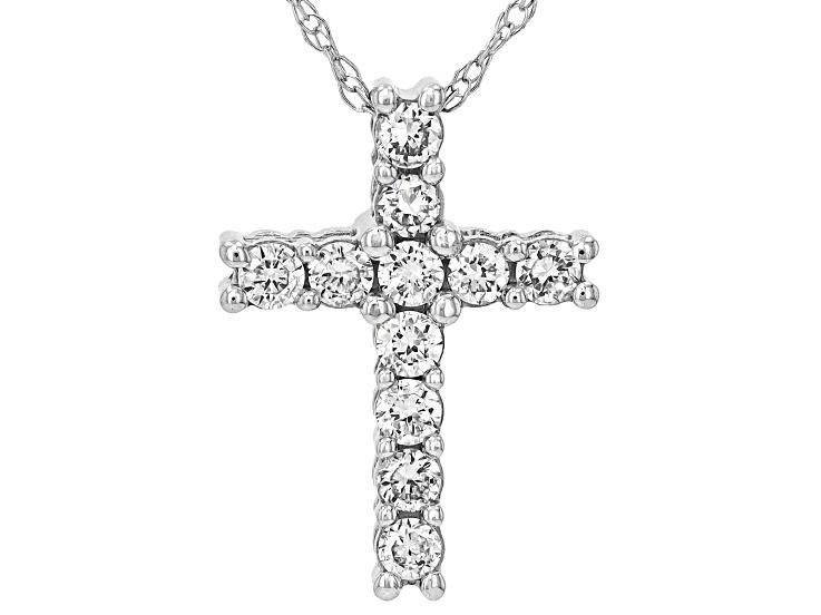 Round White Lab-Grown Diamond H SI 10K White Gold Cross Pendant With Chain 0.25ctw