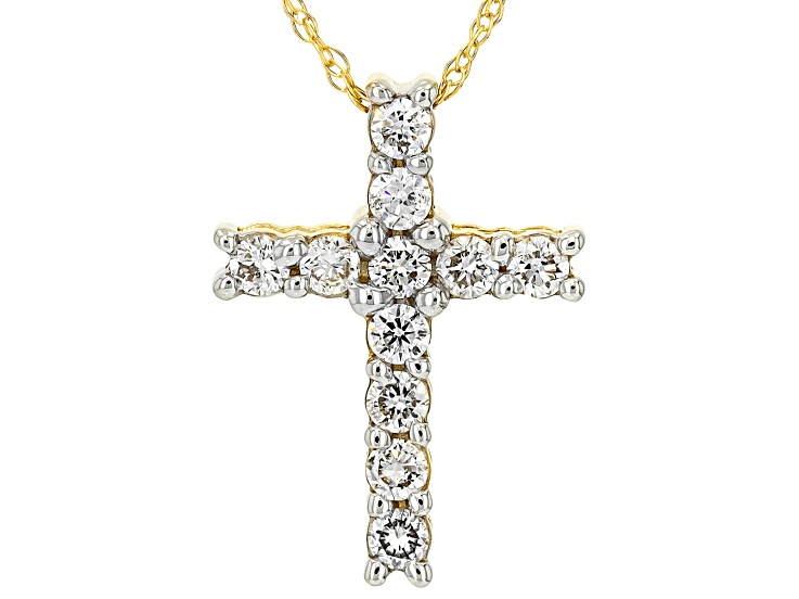 Round White Lab-Grown Diamond H SI 10K Yellow Gold Cross Pendant With Chain 0.25ctw