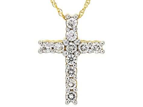 Round White Lab-Grown Diamond H SI 10K Yellow Gold Cross Pendant With Chain 0.25ctw